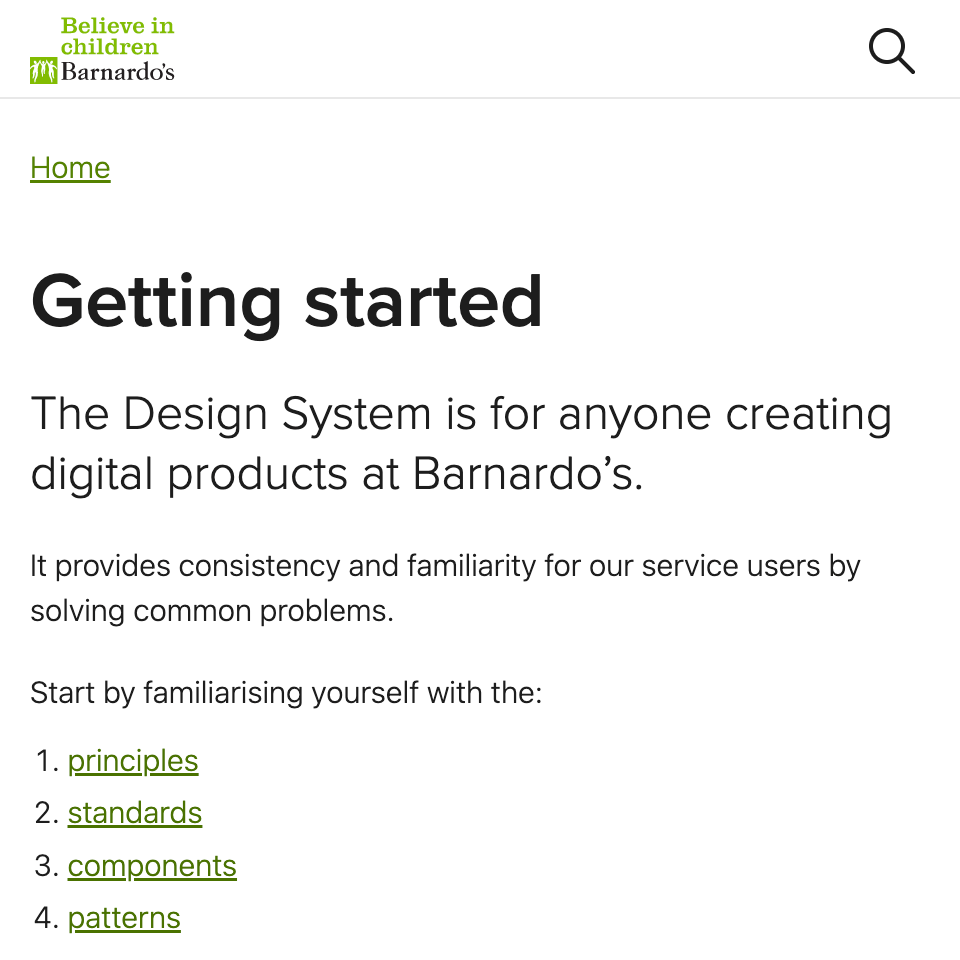 Screenshot of the getting started page of the Barnardo's Design System