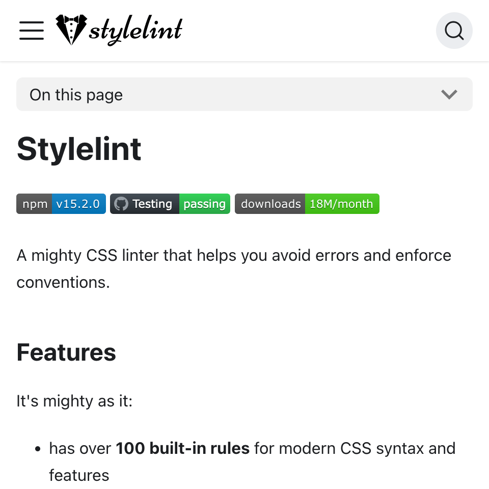 Screenshot of a Stylelint documentation page